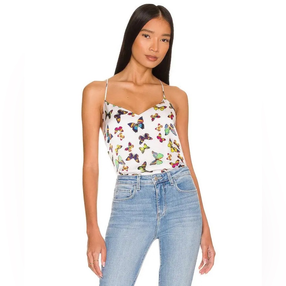 NWT L'Agence Mariella Silk Racerback Bodysuit in White Flutter Pattern - Sz S